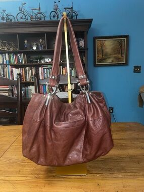 B. Makowsky Rich Chestnut Brown Leather Shoulder Bag with Silver Ring Hardware